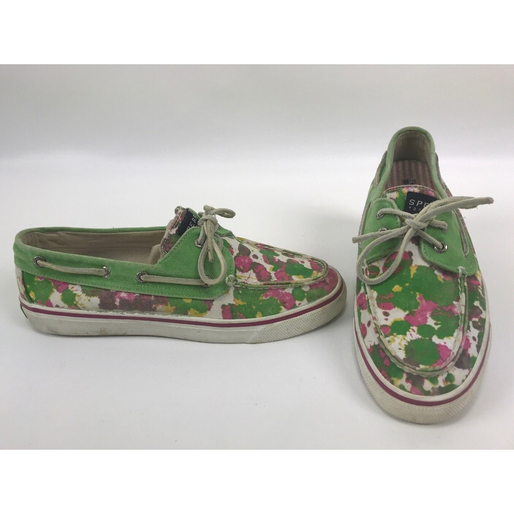 Sperry Top Sider Boat Shoes Size 8 Women Green Pink Splatter Lace‎ Canvas